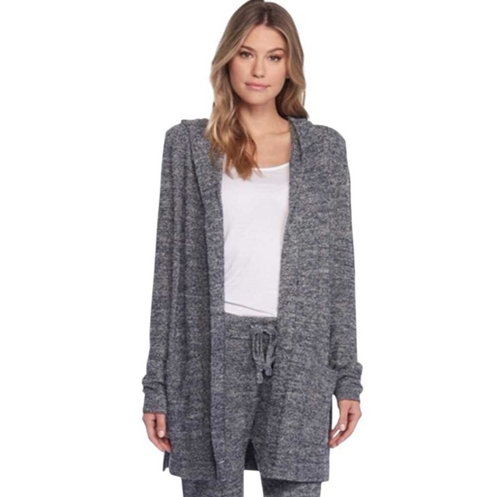 BAREFOOT DREAMS CozyChic Lite Knit Resort Hooded Cardigan Navy Blue Grey Medium - Picture 2 of 7